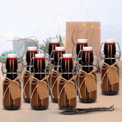 25Pcs 4 oz Amber round Mini Swing Top Glass Bottles with Stoppers Small Flip Top Bottles with Airtight Lids for Crafts Decoration Wedding Themed Party Favors (25)