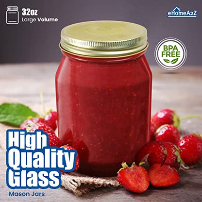 Mason Jars 32 Oz With Lids Regular Mouth (12 Pack) Preserving Spices,Storage,Meal Prep, Overnight Oats,Dry Food,Salads,Drinking