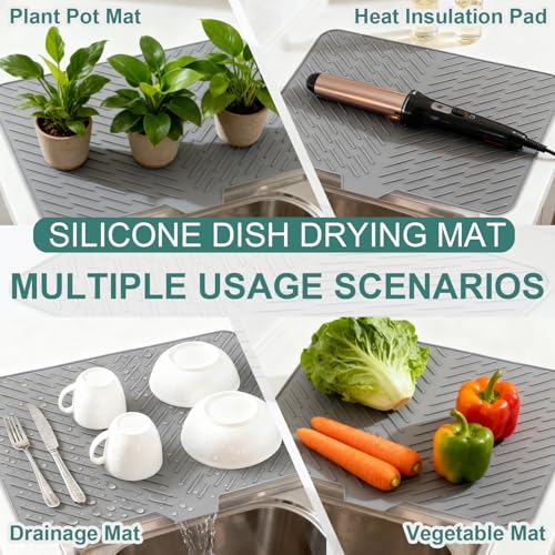 Silicone Dish Drying Mat 23x17,Food-Grade Silicone,Easy Clean Pad for Countertop Protection,Heat Resistant,Easy Clean,Non-Slip Drain Pad with Built-in Drain,Multi-Functional Use,Gray - color: Gray, size: 23" x 17"