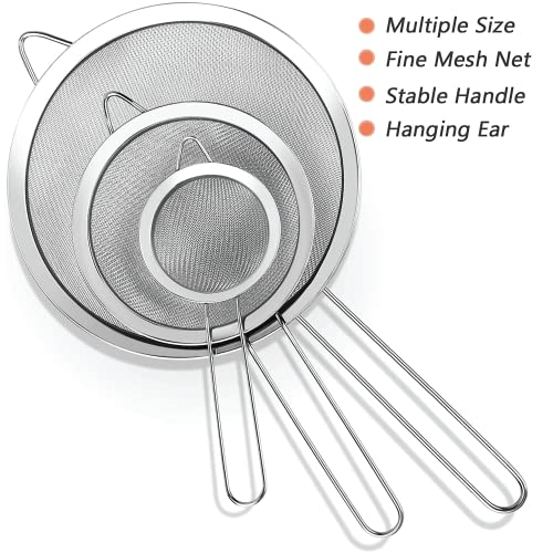 3 Fine Mesh Strainers Set with Handle for Kitchen - Sizes 7", 4.7", 3.3", Easy Clean 304 Stainless Steel, Comfortable Non-Slip Grip. Ideal for Tea, Coffee, Rice, Quinoa, Veggies & Fruits