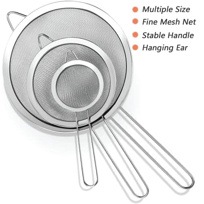 3 Fine Mesh Strainers Set with Handle for Kitchen - Sizes 7", 4.7", 3.3", Easy Clean 304 Stainless Steel, Comfortable Non-Slip Grip. Ideal for Tea, Coffee, Rice, Quinoa, Veggies & Fruits