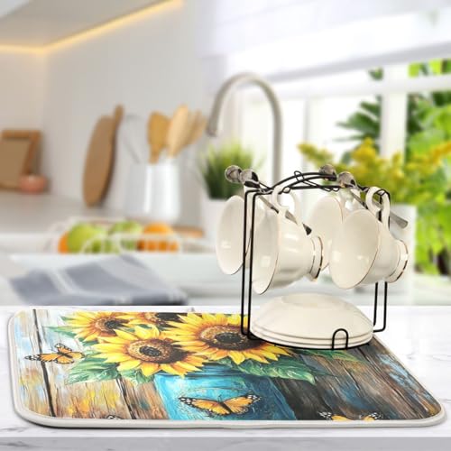 Monarch Sunflowers Jar Dish Drying Mat for Kitchen Counter Super Absorbent Draining Mat with Non-slip Backed Coffee Mat for Dish Bottles Cups Bowl Countertops Sinks Draining Racks