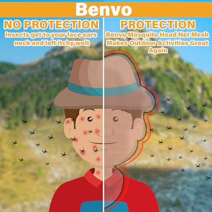 Benvo Mosquito Head Net Mesh One Piece Face Neck Fly Netting Cover from Bugs Gnats Noseeums Hat-Compatible Insect Shield for Fishing, Camping, Gardening (2pcs, Khaki, Upgraded Big Net) - color: Beige