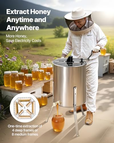 VEVOR Honey Extractor, 4/8 Frame Manual Honey Extractor with Transparent Lid, Stainless Steel Honeycomb Drum Spinner with Height Adjustable Stand, Honeycomb Extraction Equipment for Beekeeping - style: 8 Frame Rack(4 Deep Frames)