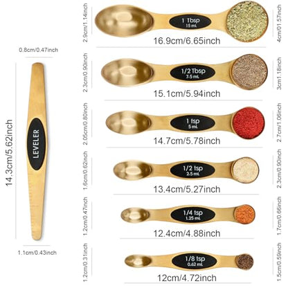 Magnetic Measuring Spoons Set Stainless Steel with Leveler, Stackable Metal Tablespoon Measure Spoon for Baking, Measuring Cups and Spoon Set Kitchen Gadgets Apartment Essentials Fits - color: Gold