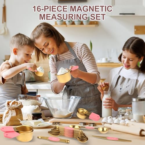 16-Piece Stainless Steel Measuring Cups and Spoons Set, Strong Magnetic Nesting Design 7 Cups 8 Spoons with Leveler, Double Measurement Markings for Dry & Liquid Ingredients, Pink & Gold - color: 16-Piece Pink & Gold