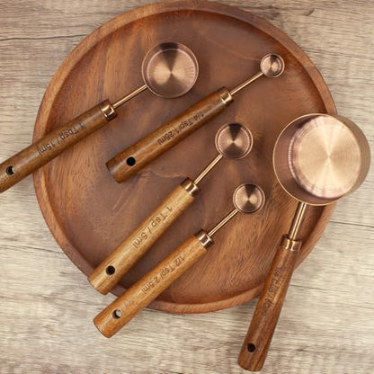 Measuring Cups and Spoons Set of 8, Stainless Steel Measuring Cup with Wooden Handle, Kitchen/Food/Liquid/Baking (Copper) - color: Copper