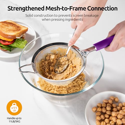 U-Taste Medium Fine Mesh Strainer: 18/8 Stainless Steel 4.73in 30 Mesh Kitchen Food Sieve with Sturdy Riveted Silicone Handle, Heavy Duty Deep Handheld Metal Colander for Rice, Quinoa, Flour (Purple) - color: (5) Purple, size: M-4.73in