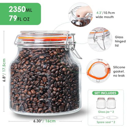 Qianfenie 2 Pack 79oz Glass Jar with Lid(2350ML), 0.6 Gallon Mason Jars Wide Mouth with Airtight Lid, Glass Pickle Jar for Food Storage, Cookies, Pickling, Kombucha(Includes 2 Spare Seals)