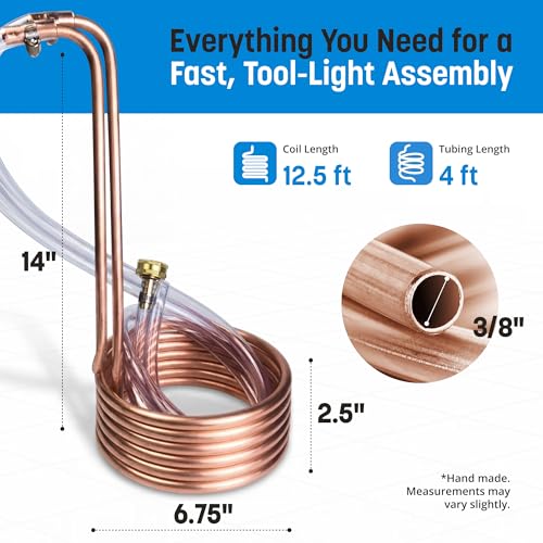 Coldbreak 12.5Ft. Wort Chiller with Copper Coil - Compact and Basic Immersion Beverage Chiller and Beer Brewing Equipment - 2pcs of 4Ft. Vinyl Tubing, Garden Hose Fitting, and Hose Clamps Included - size: 12.5'