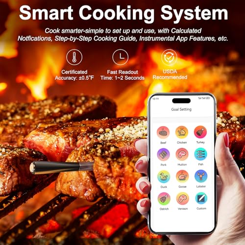Wireless Meat Thermometer Digital with 800ft Remote Range, Bluetooth 5.3 Wireless Thermometer for Cooking with Ambient Temperature and App Alert for Oven BBQ Grilling Smoking