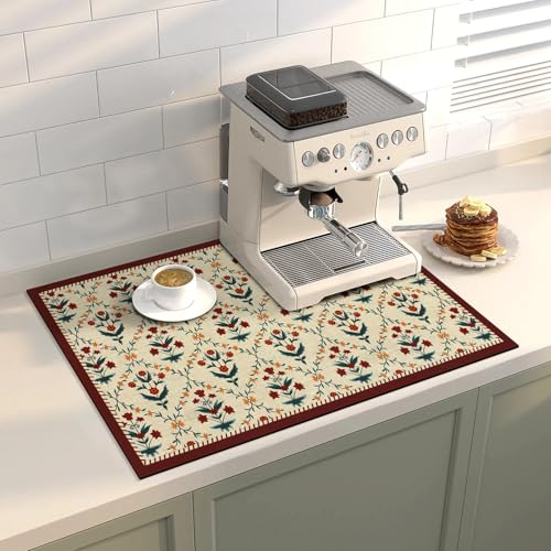 Coffee Mat Dish Drying Mat Hide Stain High Absorbent Bar Mat for Countertops Easy Clean,Fit Under Coffee Maker Machine And Accessories-12"x19",Vintage Small Flowers - color: Vintage Small Flowers, size: 19" x 12"