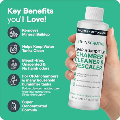 Think Crucial 6x Uses CPAP Cleaner & Descaler for Humidifier Chambers – Super Concentrated Cleaning Descaling Solution for CPAP Water Tanks – Unscented – 6 oz