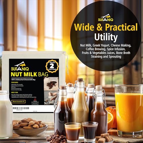 SUFANIQ Nut Milk Bag - 2 Bags (12 x 12 Inch) 100% Unbleached Cotton Cheese Cloth Bag for Straining, Premium Nut Milk Bag Reusable, Nut Bag Strainer for Almond, Soy, Oat Milk, Juices, Cheese Making - size: 12x12 / 2 pieces