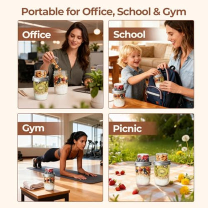 ComSaf Overnight Oats Containers with Lids, 16 oz Glass Mason Jars, 2 Pack | Dual-Layer Design, Yogurt Parfaits, Chia Pudding, Cereal, Fruit and Nuts, Reusable Breakfast Prep - size: 20oz Overnight Oats Cups