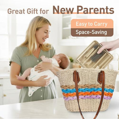 Baby Bottle Brush Set, 6-in-1 Travel Bottle Cleaner Kit with Silicone Bottle Brush, Nipple & Straw Brush, Soap Dispenser, Drying Rack, Storage Box – Compact Baby Travel Essential for Home & On-The-Go - color: Beige