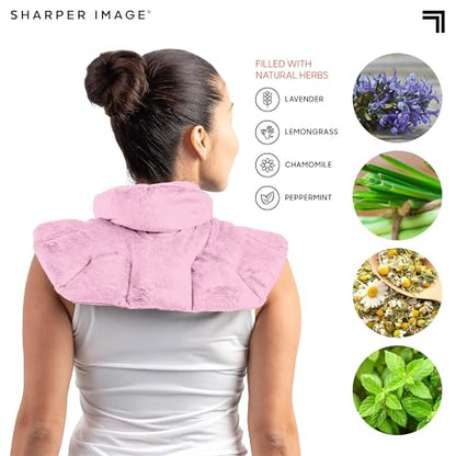 Sharper Image Heated Neck & Shoulder Wrap - Microwavable Warm & Cooling Plush Pad, Scented Aromatherapy (100% Natural Lavender & Herb Spa Blend), Pain Tension Headache Relief Therapy, Gift for Women - color: Pink