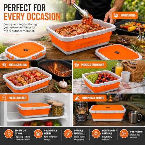 2-Pack XL 16L BBQ Prep Tub - 3-in-1 Collapsible Food Prep Tub with Cutting Board, Lid & Strainer, Marinate, Prep & Drain, Foldable Container for Outdoor Cooking, Camping, BBQ & Kitchen Use