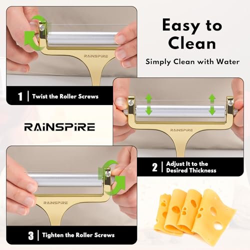 Rainspire Upgraded Cheese Slicer with Replaceable Wires Stainless Steel Cheese Slicers for Block Cheese Adjustable Cheese Cutter for Mozzarella, Cheddar, Gruyere Charcuterie Accessories, Gold - color: Gold