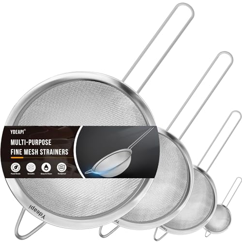 Ydeapi Fine Mesh Strainer, Stainless Steel Kitchen Strainers with Sturdy Handle, Set of 4 Metal Sieve for Food, Rice, Quinoa, Tea - 8.6", 6.3", 4.6", 2.7" - size: 8.6" + 6.3" + 4.6" + 2.7"