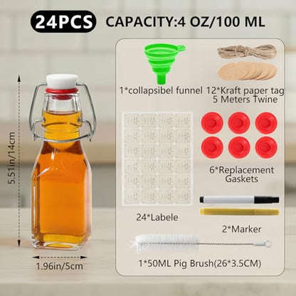 Ruckae Square Swing Top Glass Bottles with Lids Kombucha Coquito Flip Top Glass Bottle for Syrup Vanilla Extract Brew Beer Kefir Air Tight Bottles for Gift (4 oz 24 pack) - size: 4 oz 24 pack