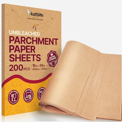 Katbite Parchment Paper Sheets Heavy Duty, 16x24 Inches 200 PCS Precut Baking Parchment, Unbleached, Non-stick, Non-toxic, Extra Strong, Flat Baking Paper for Oven, Cooking, Grilling, Air Fryer - color: 16"x24"-200