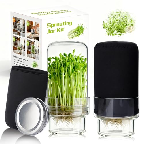 Sprouting Jar Kit, 2 Pack Wide Mouth Mason Jar Sprouting Kit with Sprout Lids, Blackout Sleeves, Drain Cover, Perfect for Home Gardeners, Health Enthusiasts & Vegan Diets - color: 2Pack+2Sleeve