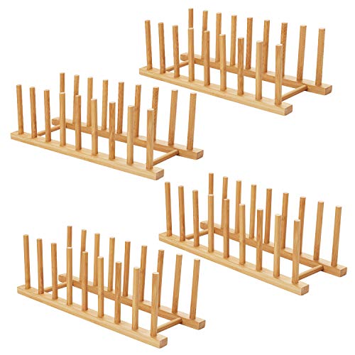 HBlife 4pcs Bamboo Dish Plate Bowl Cup Book Pot Lid Cutting Board Drying Rack Stand Drainer Storage Holder Organizer Kitchen Cabinet (Keep Dry) - color: Bamboo 8 Slots 4pcs