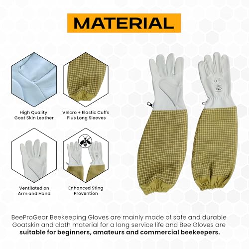 BeeProGear Beekeeping Gloves Goatskin Leather – Sting-Resistant Protective Beekeeper Gloves with Long Canvas Sleeve