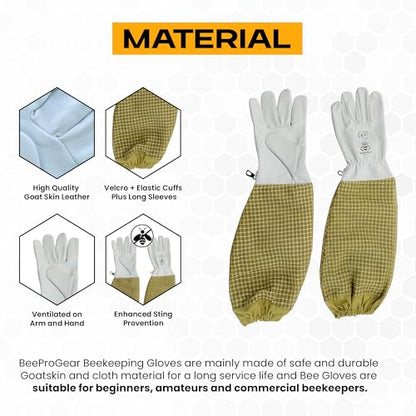 BeeProGear Beekeeping Gloves Goatskin Leather – Sting-Resistant Protective Beekeeper Gloves with Long Canvas Sleeve