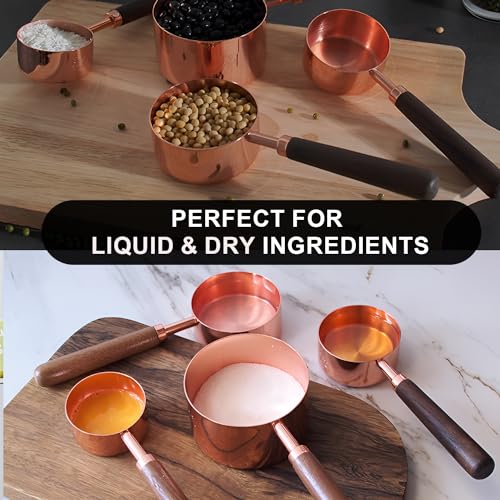 SHIKORI Gold Measuring Cups and Spoons Set with Wood Handles, Premium Stainless Steel Measuring Spoons and Measuring Cups Set, For Cooking and Baking in the Kitchen-Rose Gold-4Cups - color: Rose Gold-4Cups