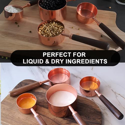 SHIKORI Gold Measuring Cups and Spoons Set with Wood Handles, Premium Stainless Steel Measuring Spoons and Measuring Cups Set, For Cooking and Baking in the Kitchen-Rose Gold-4Cups - color: Rose Gold-4Cups