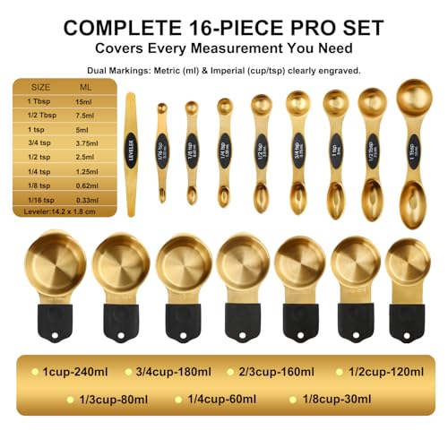 Gold Magnetic Measuring Cups & Spoons Set of 16, 7 Stainless Steel Measuring Cups, 8 Double-Sided Measuring Spoons & 1 Leveler, Premium Finish Baking Tools Kitchen Gadget for Dry & Liquid Ingredients - color: Gold