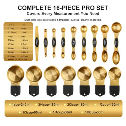 Gold Magnetic Measuring Cups & Spoons Set of 16, 7 Stainless Steel Measuring Cups, 8 Double-Sided Measuring Spoons & 1 Leveler, Premium Finish Baking Tools Kitchen Gadget for Dry & Liquid Ingredients - color: Gold