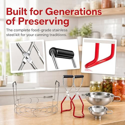 Cedilis 4 Pieces Canning Kit, 1PC Canning Rack+ 1PC Jar Lifter Tong+ 2PC Funnels, Stainless Steel Canning Supplies for Mason Jars