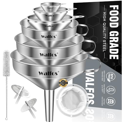 Stainless Steel Funnel, Walfos 6 Different Sizes of Kitchen funnels with 2 Removable Strainer ＆ 1Pcs Cleaning Brush, 200 Mesh Food Filter Strainer,for Transferring of Liquid, Oils, Jam, Powder - color: 6pcs 1.8cm to 5.7in