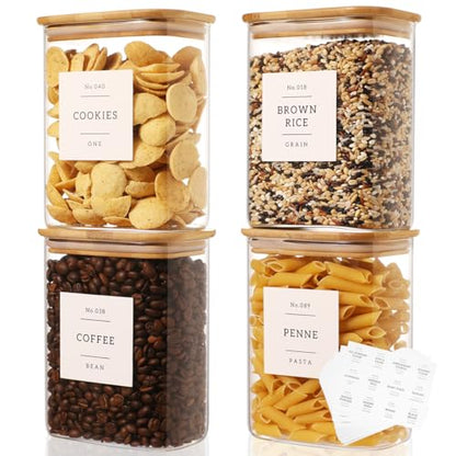 4 Pack Square Glass Pantry Storage Containers with 132 Kitchen Food Pantry Labels - 34 floz Clear Glass Pantry Jars with Airtight Wood Bamboo Lids - Glass Canisters for Tea, Cereal, Coffee, Spice - size: 34oz-4pack