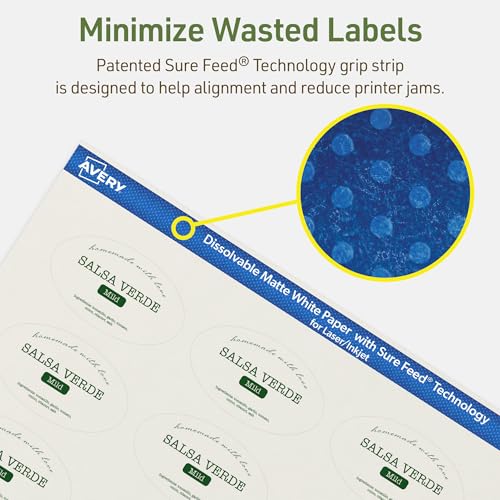 Avery Dissolvable Oval Labels, Sure Feed Technology, 1.5" x 2.5", Matte White, Laser/Inkjet Printable, 90 Labels Total, Freezer-Safe, Microwave-Safe, Refrigerator-Safe - style: 90 labels