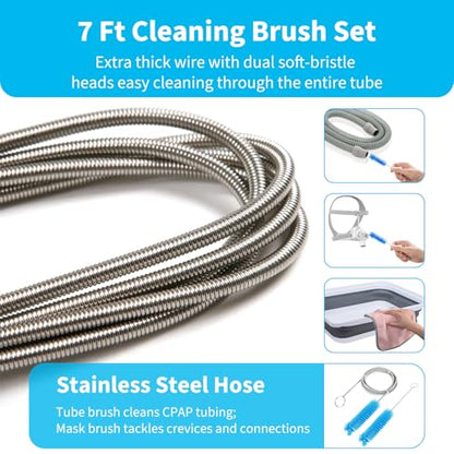 Upgraded CPAP Cleaning Kit, 7 ft Tube CPAP Cleaner Brushes for 15mm, 20mm and 22mm Hoses, CPAP Cleaning Supplies for Hose and Mask, Includes Collapsible Wash Basin, Hose Holder Hangers & Clips