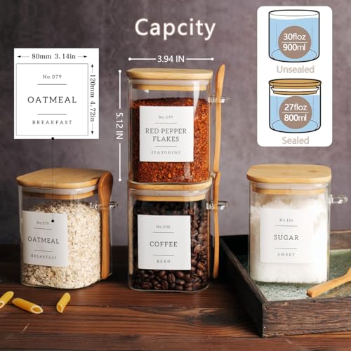 CZZGSM Set of 4 Square Glass Jar with Bamboo Lids and Spoons – Airtight 27 oz Borosilicate Glass Food Storage Contaienrs with 132 Kitchen Pantry Labels for Coffee, Tea, Sugar
