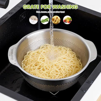 Greentainer 18/8 Stainless Steel Colander for Kitchen, 5QT Metal Pasta Strainer with Handle | Dishwasher Safe | Advanced Sturdy Base for Drainage & Rinsing Vegetable Fruit Rice Spaghetti - size: 5 QT