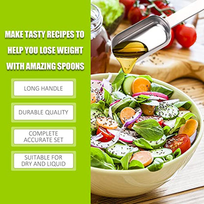 Long Handle Measuring Spoons Set of 6, Stainless Steel Measure Teaspoons, Metal Rectangular Bowl Tablespoon
