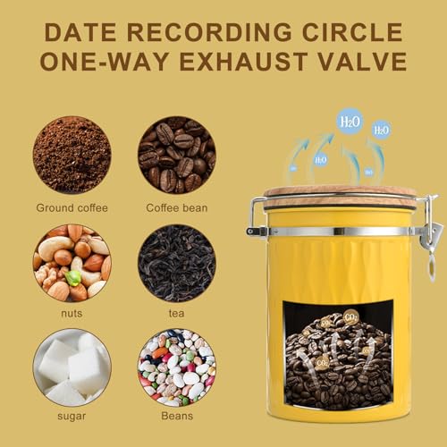TEDSWAIT Coffee Container with Sealed Cantilever Lid and Scoop, Airtight Stainless Steel Kitchen Food Storage Canister with Date Tracker, 1.8L(Yellow) - color: Yellow
