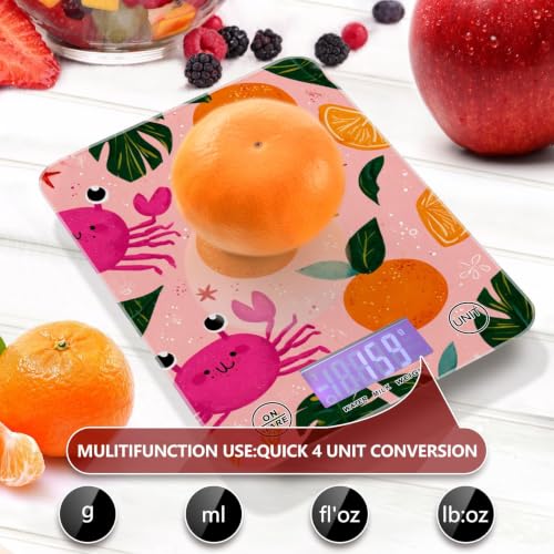 Food Scale Kitchen Digital Scale Food Ounces and Grams Dieting Baking Cooking Waterproof Glass Panels LCD Display,4 Units Scale Tare Function Pink Fruit Orange Crabs - color: Peach 27