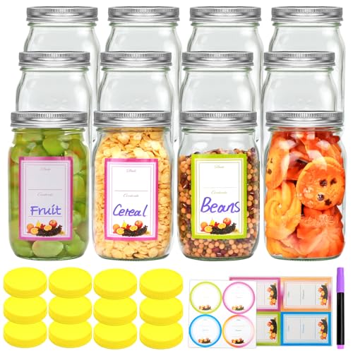 32 oz Wide Mouth Mason Jars, Clear Glass Mason Jars with Lids and Bands, 12 Pack Quart Size Canning Jars with Metal and Plastic Lids for Preserving, Meal Prep, Fermenting, Jam