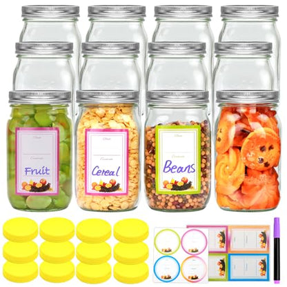 32 oz Wide Mouth Mason Jars, Clear Glass Mason Jars with Lids and Bands, 12 Pack Quart Size Canning Jars with Metal and Plastic Lids for Preserving, Meal Prep, Fermenting, Jam