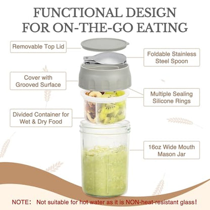 SOLIGT Overnight Oats Containers with Lids, Folding Spoons and Divided Compartment for Fruit & Nuts, Small Glass 16oz Mason Jars for Oatmeal Yogurt Parfait (2 Set-Smoke Gray/Oat White) - color: 2 Set-Smoke Gray/Oat White