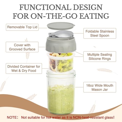 SOLIGT 4 Pack Overnight Oats Containers with Lids, Folding Spoons and Divided Compartments for Fruit & Nuts, Small Glass 16oz Mason Jars for Oatmeal Yogurt Parfait - color: 4 Set-Smoke Gray/Wisteria Purple/Rose Pink/Egg Yellow