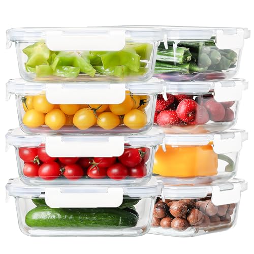 8 Pack 36oz Large Glass Meal Prep Containers with lids, Glass Food Storage Containers with Leak Proof Snap Lock Lids , Airtight Bento lunch Boxes, Kitchen Storage, Oven and Dishwasher Safe-White - color: White