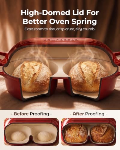 Sourdough Bread Baking Kit with Double Loaf Cast Iron Bread Pan, Red | Bakes two mini loaves at once with banneton proofing baskets included - color: Red, size: Double Bread Oven & Baking Kit